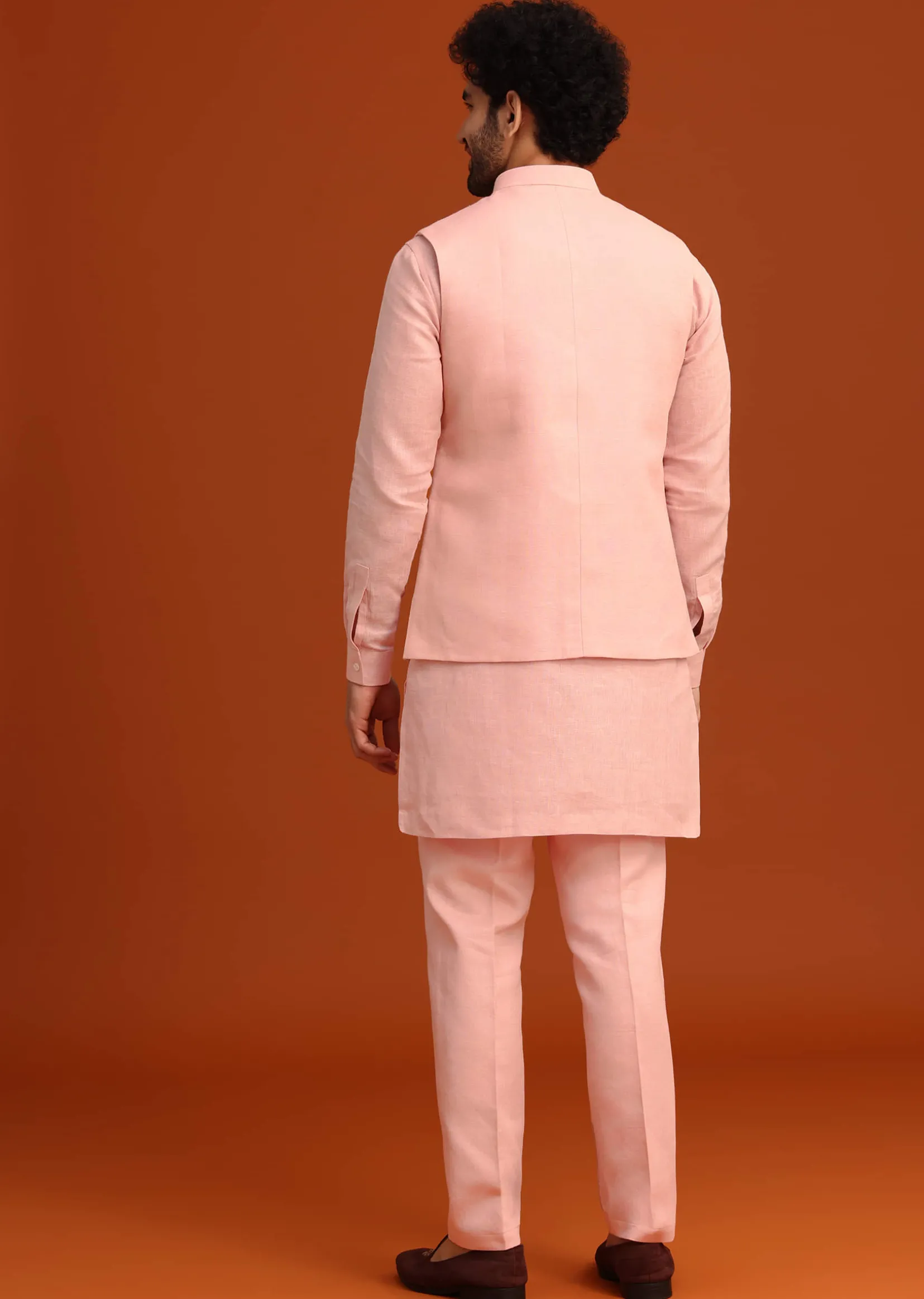 Pink Linen Zardosi Kurta Jacket Set