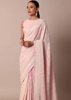 Pink Lucknowi Chikankari Saree With Sequin Embellishments