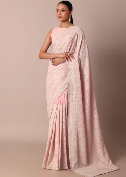 Pink Lucknowi Chikankari Saree With Sequin Embellishments