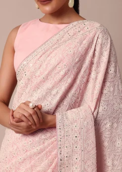 Pink Lucknowi Chikankari Saree With Sequin Embellishments