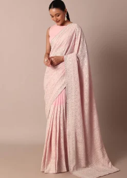Pink Lucknowi Chikankari Saree With Sequin Embellishments