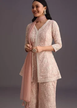 Pink Lucknowi Kurti Palazzo With Net Dupatta