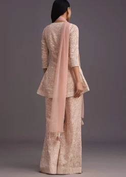 Pink Lucknowi Kurti Palazzo With Net Dupatta