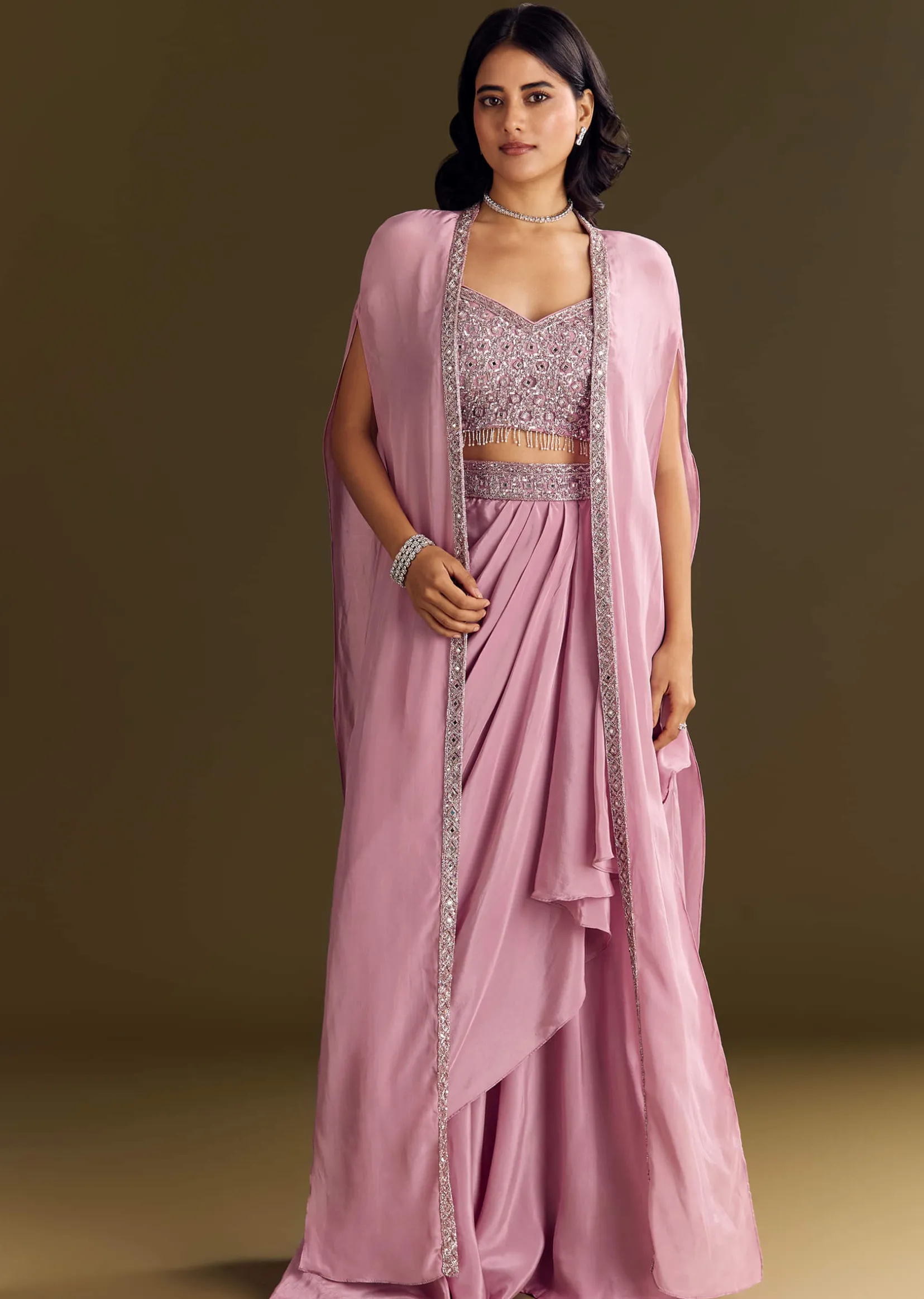 Pink Mirror Sequin Embroidered Croptop Skirt With Cape