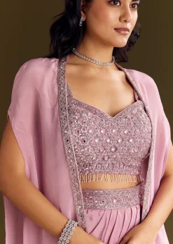 Pink Mirror Sequin Embroidered Croptop Skirt With Cape