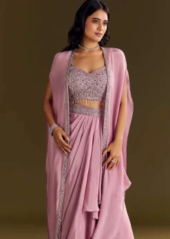 Pink Mirror Sequin Embroidered Croptop Skirt With Cape