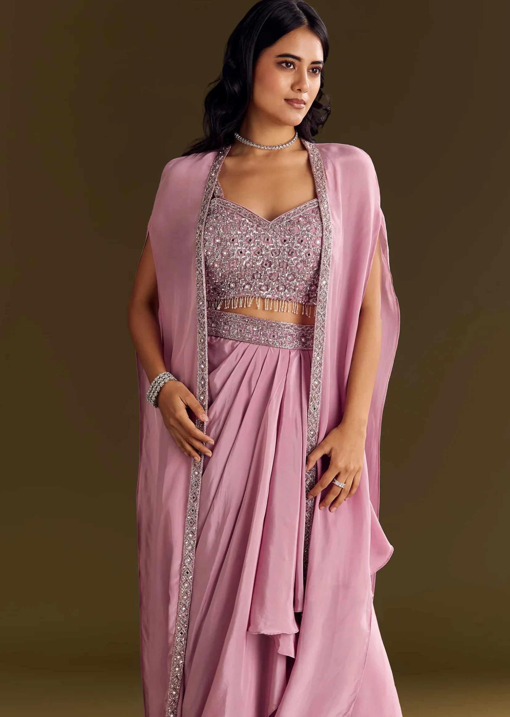 Pink Mirror Sequin Embroidered Croptop Skirt With Cape