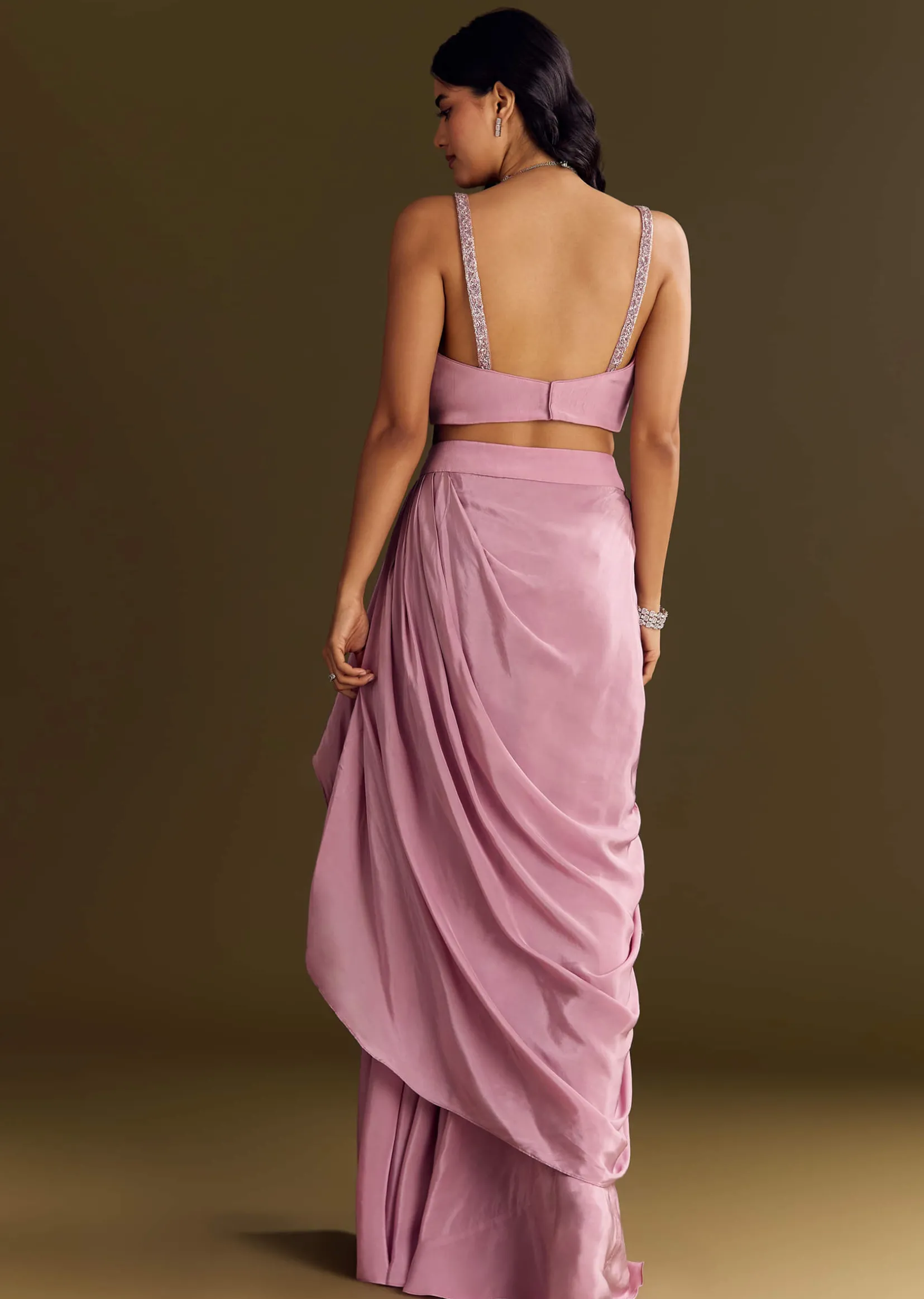 Pink Mirror Sequin Embroidered Croptop Skirt With Cape