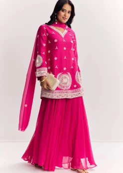 Pink Moti Work Short Kurta Palazzo Suit With Organza Dupatta