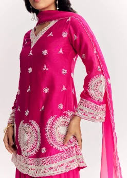 Pink Moti Work Short Kurta Palazzo Suit With Organza Dupatta
