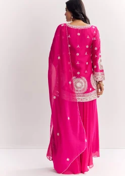 Pink Moti Work Short Kurta Palazzo Suit With Organza Dupatta