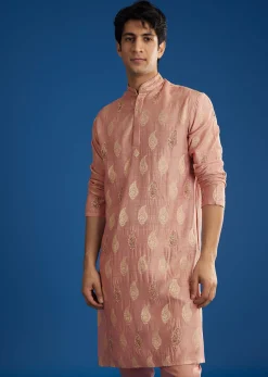 Pink Munga Silk Embroidered Butti Kurta Set
