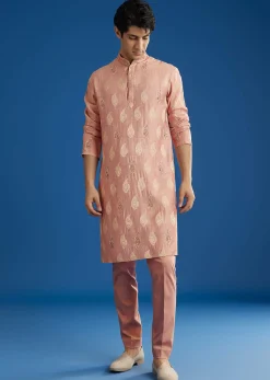 Pink Munga Silk Embroidered Butti Kurta Set