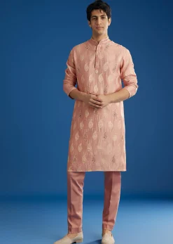 Pink Munga Silk Embroidered Butti Kurta Set