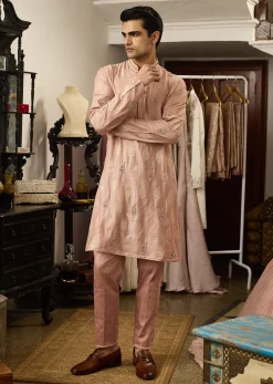Pink Munga Silk Embroidered Butti Kurta Set