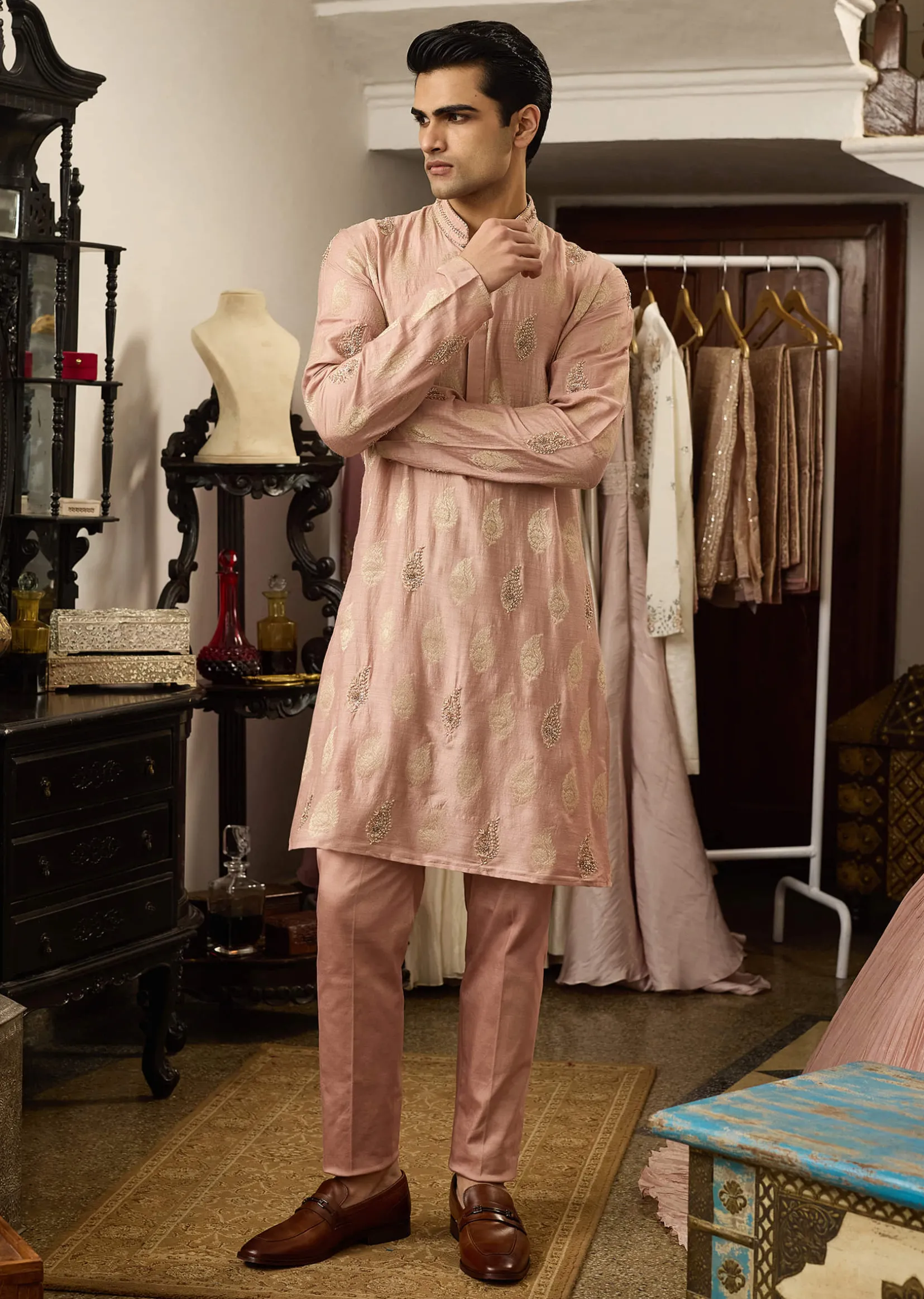 Pink Munga Silk Embroidered Butti Kurta Set