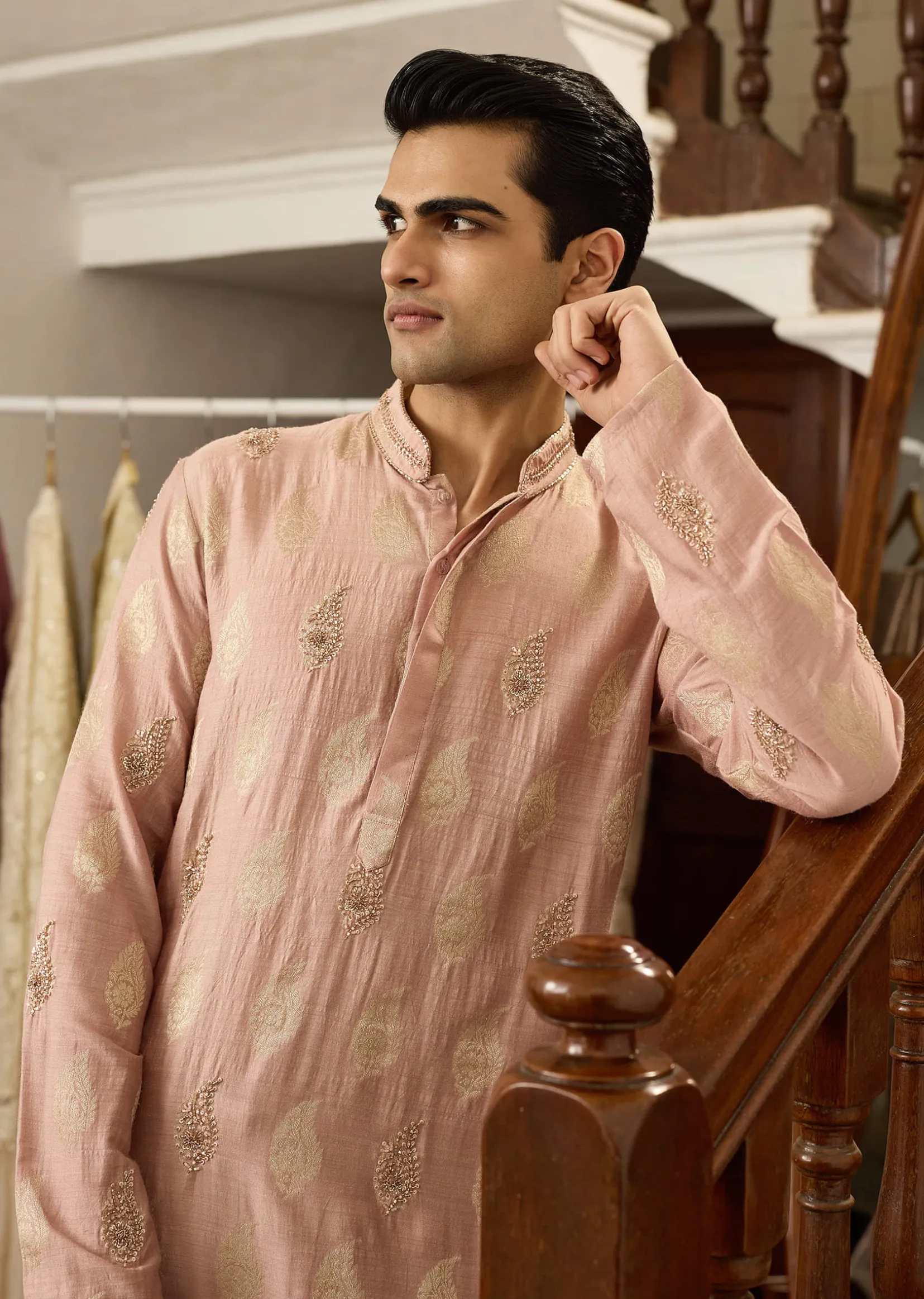 Pink Munga Silk Embroidered Butti Kurta Set