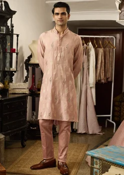 Pink Munga Silk Embroidered Butti Kurta Set