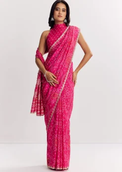 Pink Muslin Bandhani Printed Saree With Zari And Mirror Embroidery