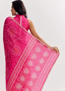 Pink Muslin Bandhani Printed Saree With Zari And Mirror Embroidery