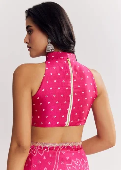Pink Muslin Bandhani Printed Saree With Zari And Mirror Embroidery