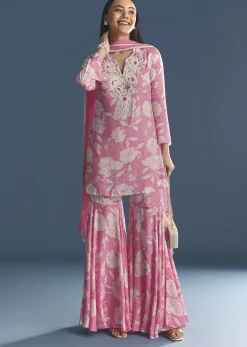 Pink Muslin Floral Print Kurta Sharara Suit With Moti Cutdana Work