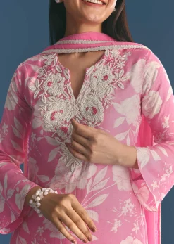Pink Muslin Floral Print Kurta Sharara Suit With Moti Cutdana Work