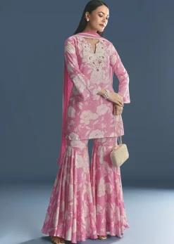 Pink Muslin Floral Print Kurta Sharara Suit With Moti Cutdana Work