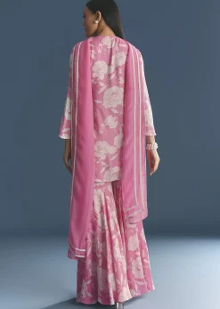 Pink Muslin Floral Print Kurta Sharara Suit With Moti Cutdana Work