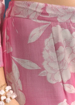 Pink Muslin Floral Print Kurta Sharara Suit With Moti Cutdana Work
