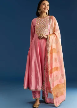 Pink Muslin Gotta Work Anarkali With Gotta Lace Pant And Dupatta