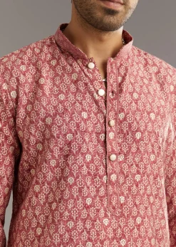 Pink Muslin Kurta Set With Symmetric Prints