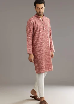 Pink Muslin Kurta Set With Symmetric Prints