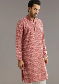 Pink Muslin Kurta Set With Symmetric Prints
