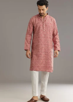 Pink Muslin Kurta Set With Symmetric Prints