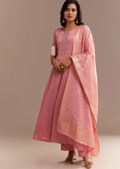 Pink Muslin Mirror Embroidered Anarkali Set