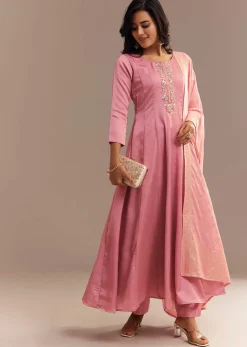 Pink Muslin Mirror Embroidered Anarkali Set