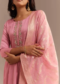 Pink Muslin Mirror Embroidered Anarkali Set