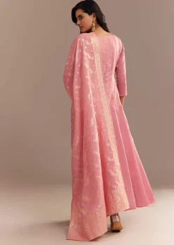 Pink Muslin Mirror Embroidered Anarkali Set