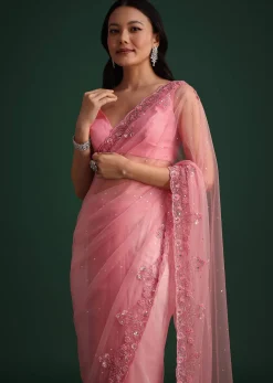 Pink Net Embroidered Saree With Cudtana And Sequin Work