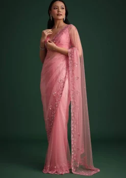Pink Net Embroidered Saree With Cudtana And Sequin Work
