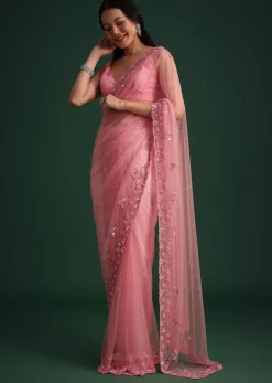 Pink Net Embroidered Saree With Cudtana And Sequin Work