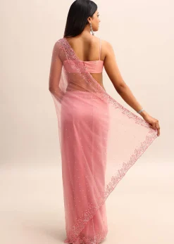 Pink Net Embroidered Saree With Unstitched Blouse