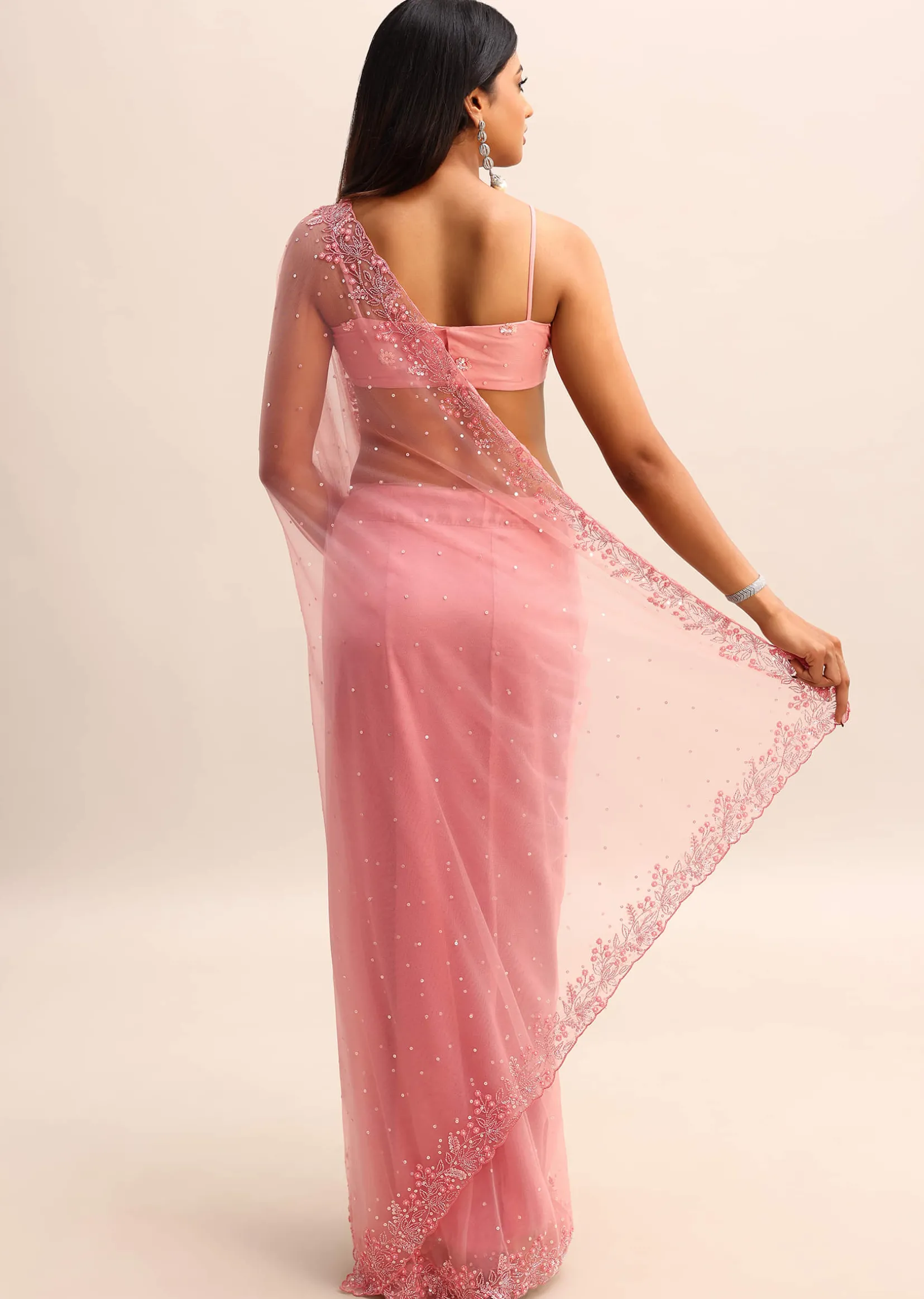 Pink Net Embroidered Saree With Unstitched Blouse