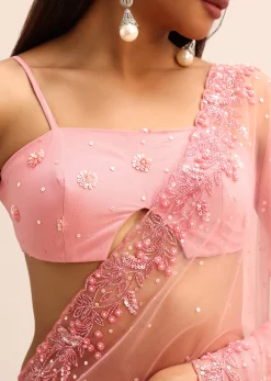 Pink Net Embroidered Saree With Unstitched Blouse