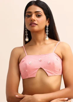 Pink Net Embroidered Saree With Unstitched Blouse