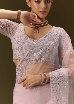 Pink Net Saree With All Over Embroidery