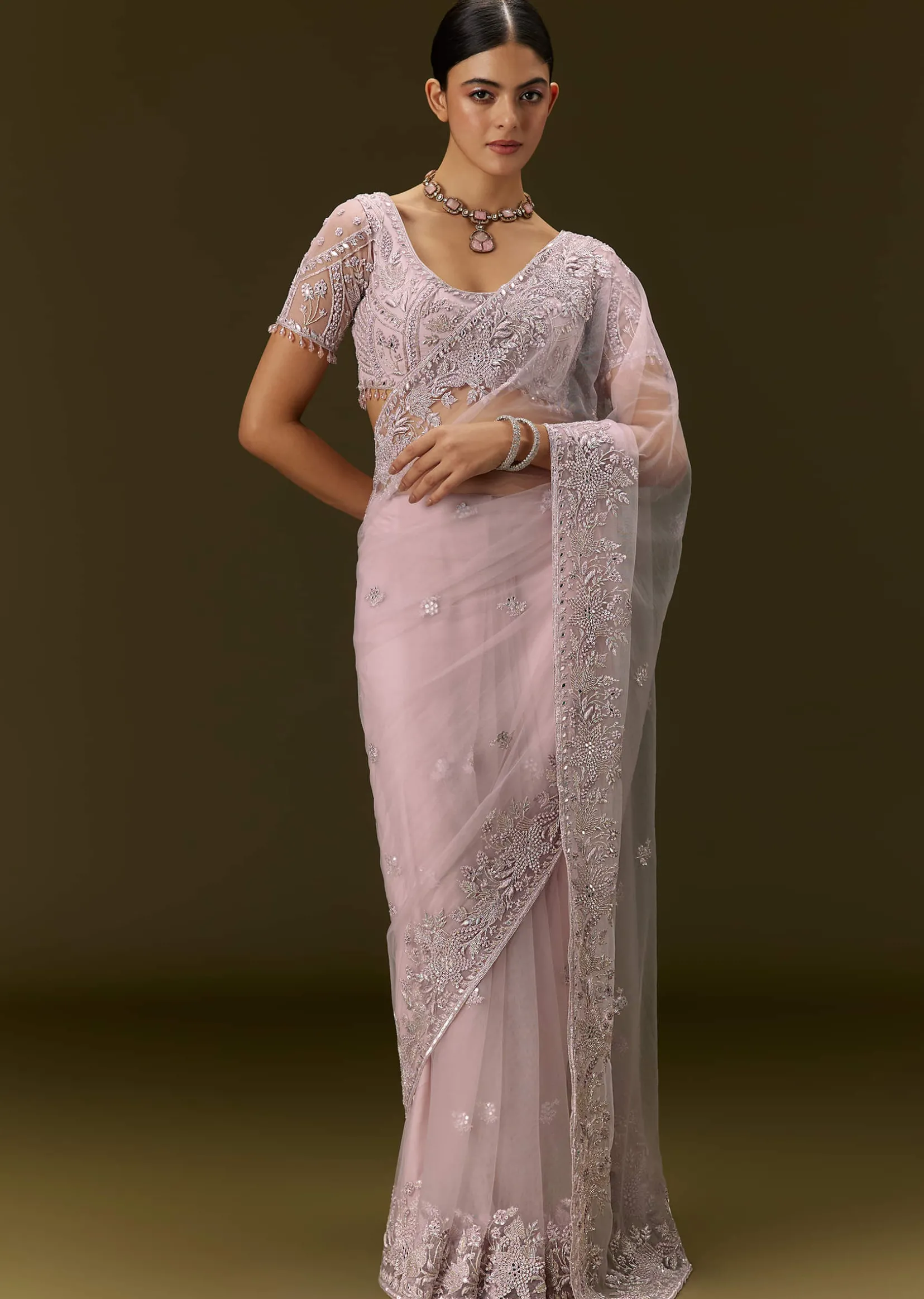 Pink Net Saree With All Over Embroidery