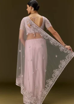 Pink Net Saree With All Over Embroidery