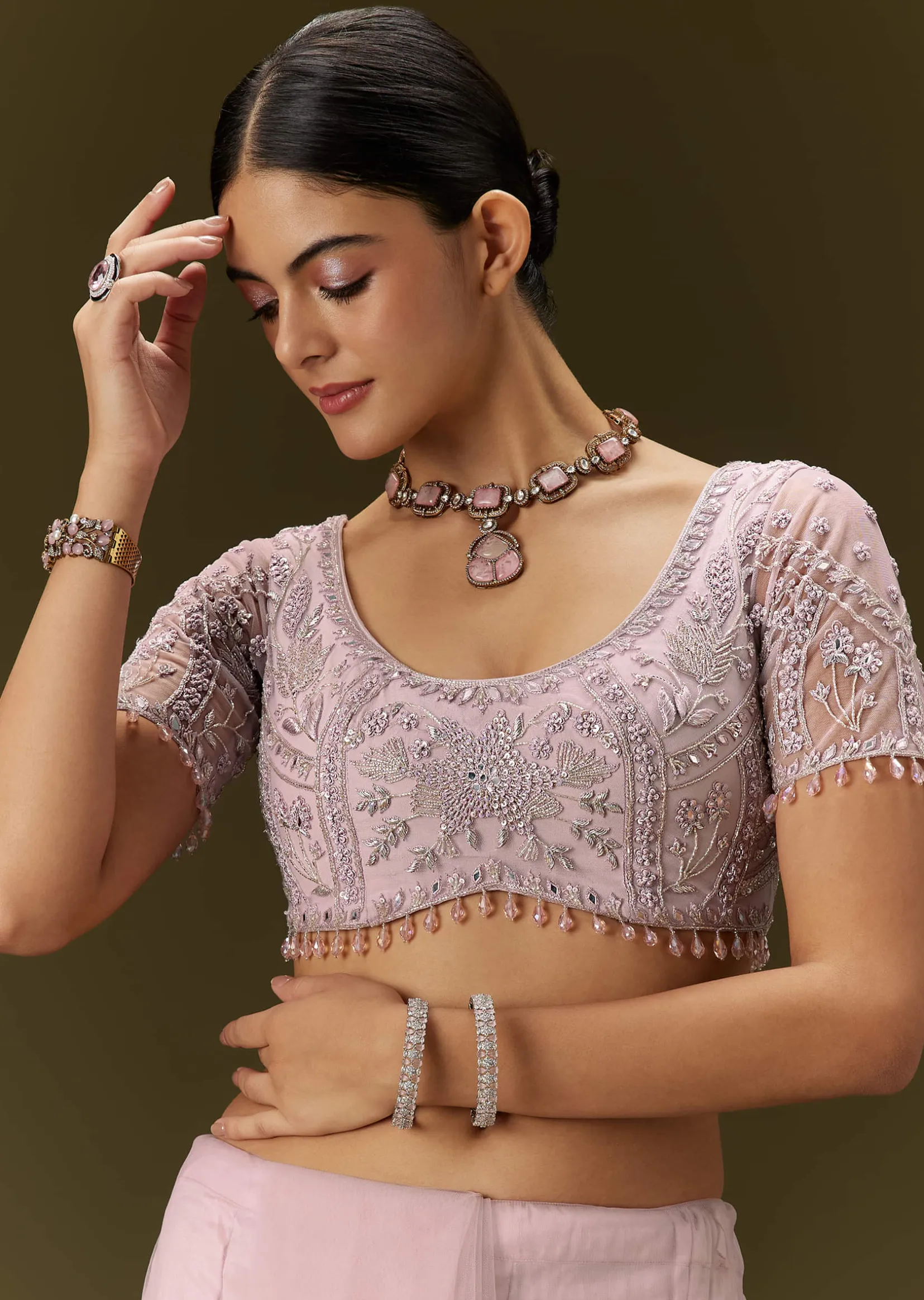 Pink Net Saree With All Over Embroidery